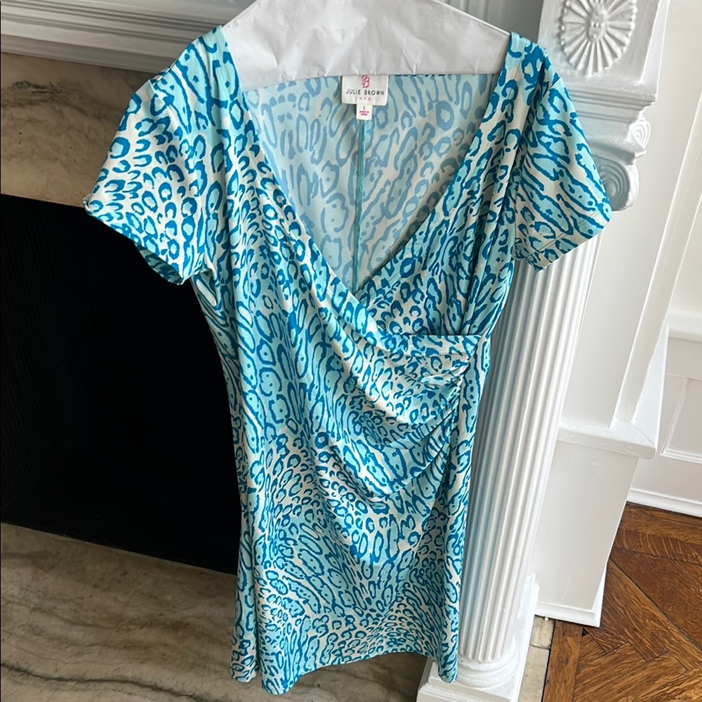 Julie Brown Blue Leopard Print Wrap Mini Dress - Athletic Quick Dry Material